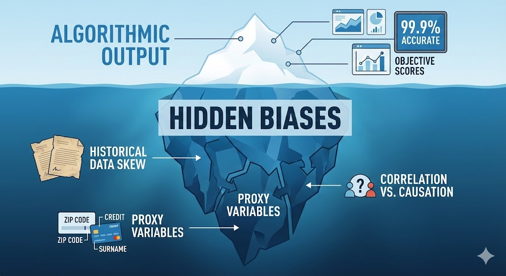 Infographic of the Bias Iceberg showing how visible AI outputs hide massive underlying biases in data and logic.