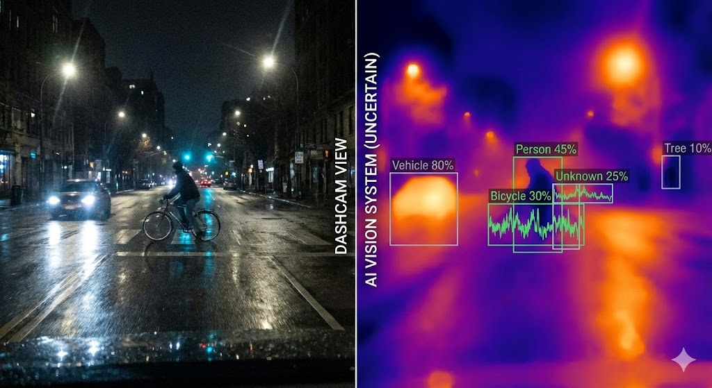 Visualization of how an autonomous vehicle sees the world using probability boxes and heat maps.