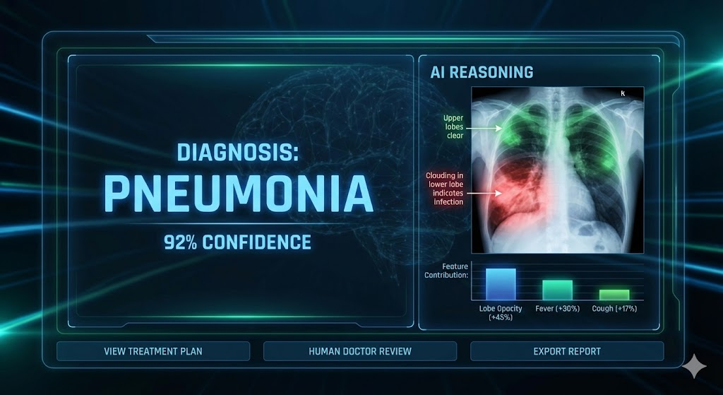 Concept design of an Explainable AI dashboard showing a medical diagnosis with highlighted reasoning features.