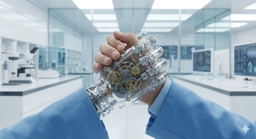 Conceptual illustration of transparent "Glass Box" AI symbolizing trust and collaboration between humans and machines.