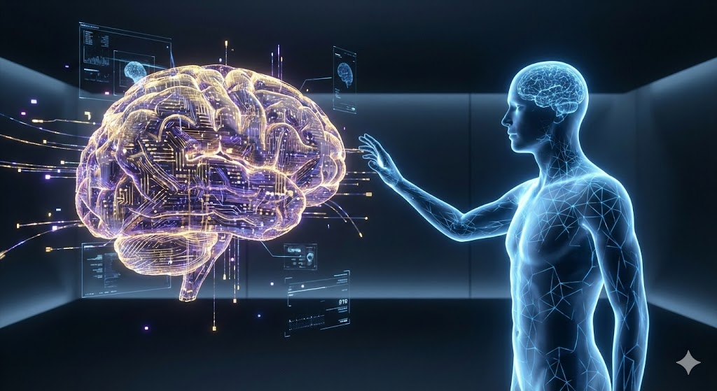 Illustration of human-AI interaction showing a user typing on a laptop and a digital neural network generating a response.