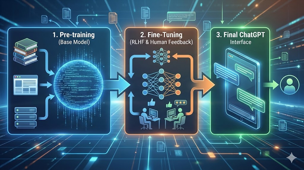 Technical diagram explaining the training process of ChatGPT, moving from raw data ingestion to Reinforcement Learning from Human Feedback (RLHF).