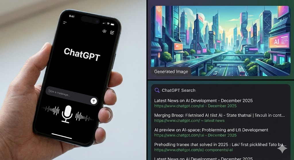 ChatGPT mobile interface demonstrating multimodal capabilities: Voice mode, Image Generation with DALL-E, and Live Web Search.