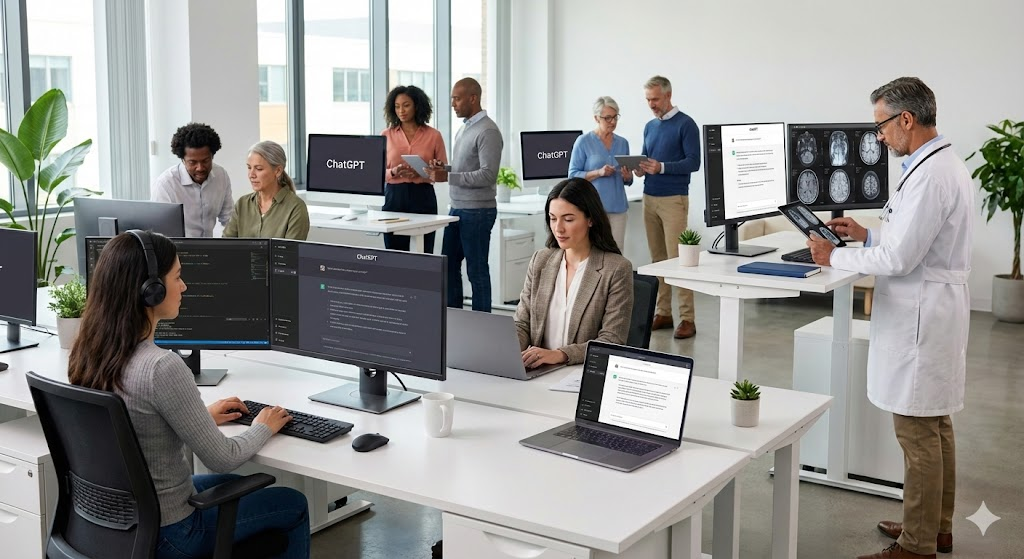 Professionals in different fields such as coding, healthcare, and writing using ChatGPT to enhance productivity.