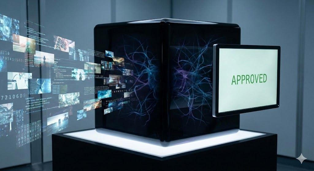 Illustration of Black Box AI showing inputs entering an opaque system and outputs emerging without explanation.